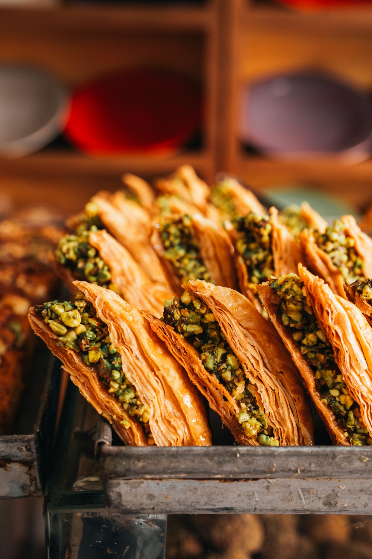 Golden pistachio-filled baklava pastries